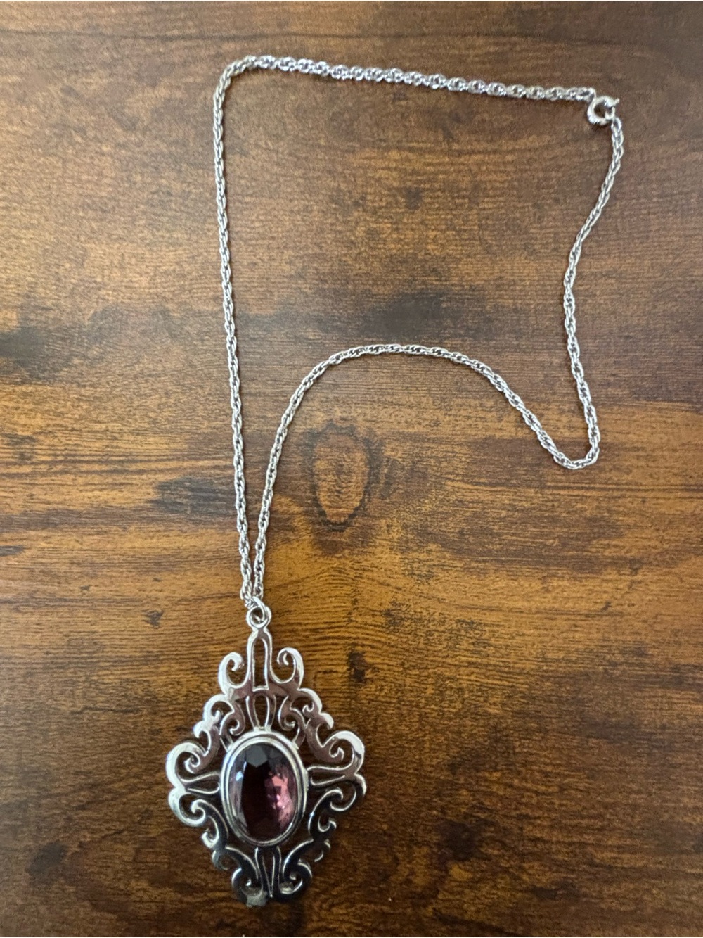 Silver Filigree Pendant Necklace with Deep Purple Gem